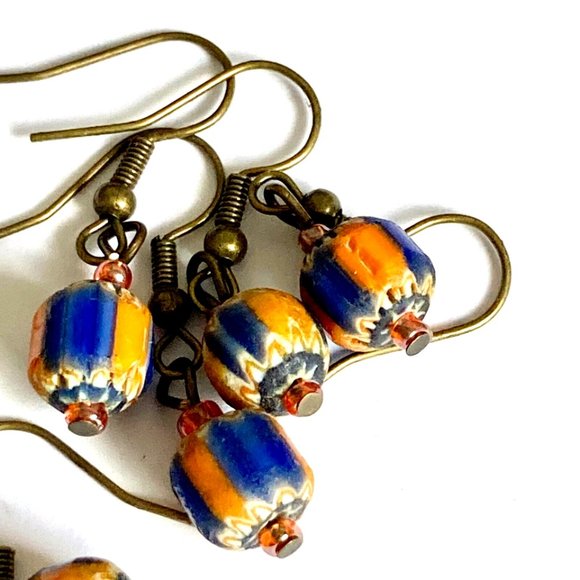 Vtg Murano Glass Bead Earrings Orange Blue White Hand Made Round Gold Tone Italy - Picture 6 of 9